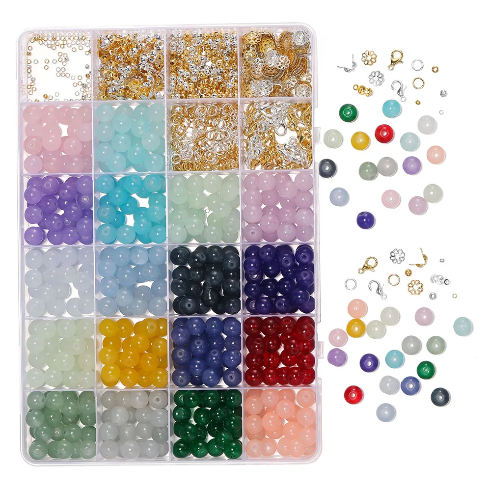 

1Box 8mm Imitation Jade Glass Beads With Lobster Clasp Beads Caps Metal Jewelry Making Kits For DIY Bracelet Necklace