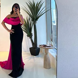 New Couture Contrast Colored Mermaid Long Evening Dresses Fuchsia And Black Stretchy Arabic Evening Gowns Wedding Guest Dress