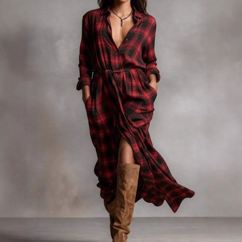 New Retro Plaid Print Loose Split Long Dresses Elegant Turn-down Collar Button Shirt Dress Woman Casual Long Sleeve Autumn Dress