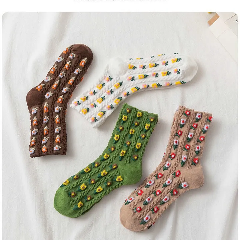 4/12 Pairs 2024 Spring Socks Women's Middle-tube Socks Cute Retro Ins Japanese Pastoral Style Small Flowers Sweet Floral Socks