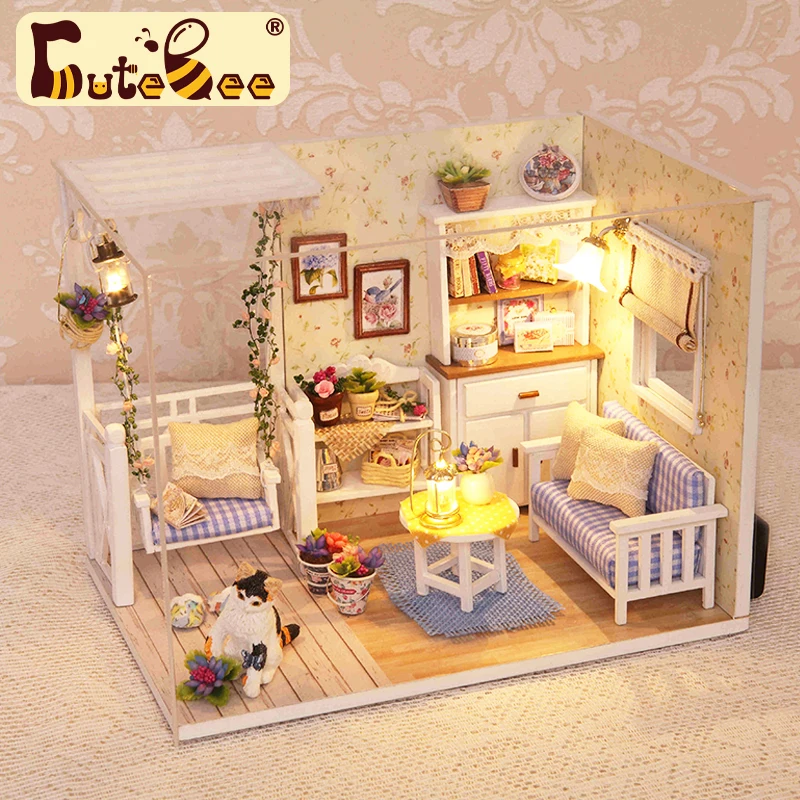 CUTEBEE-Casa de bonecas para crianças e adultos, casa de bonecas artesanal em miniatura, Kits de construção, brinquedos com móveis, presente de