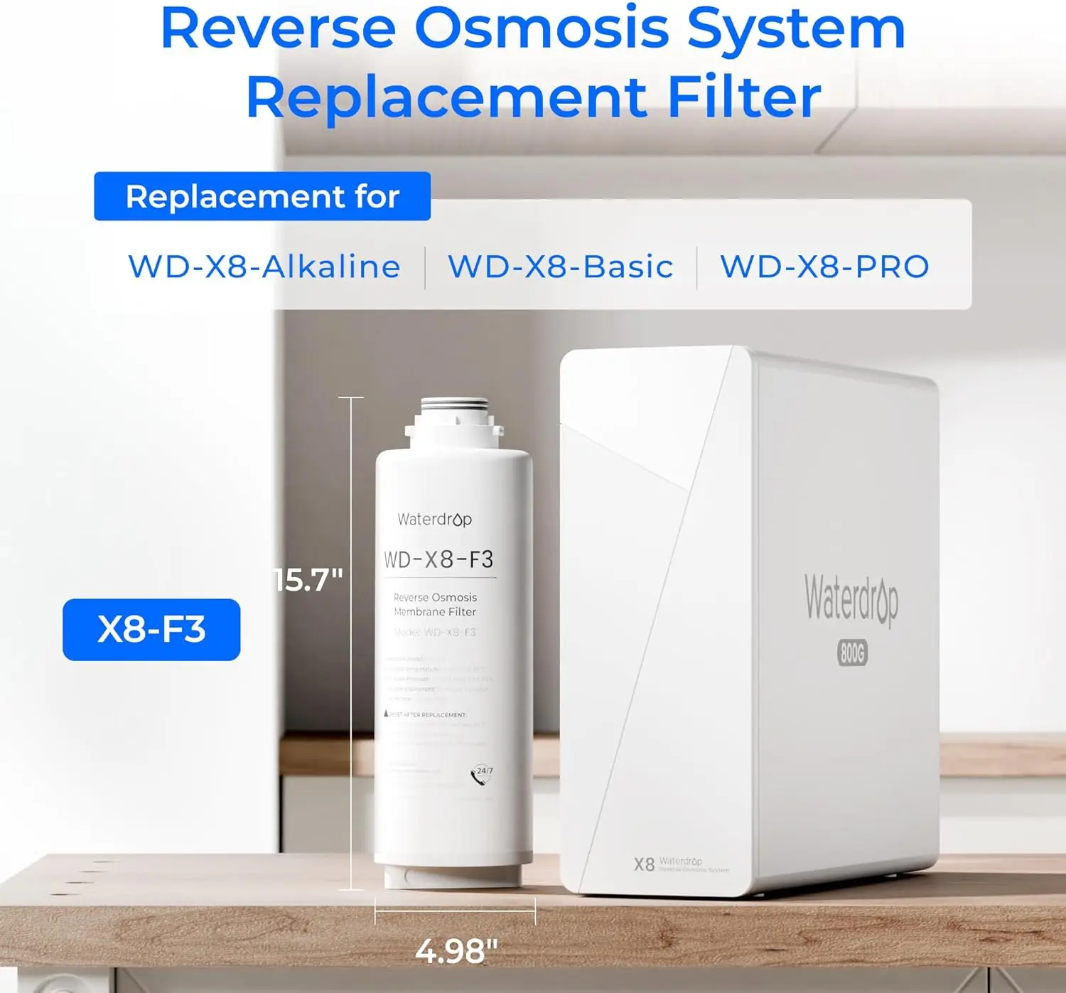 Waterdrop WD-X8-F3 Filter, Replacement for WD-X8-Alkaline & WD-X8-Basic & WD-X8-PRO 800 GPD Reverse Osmosis System,  Reduce PFAS