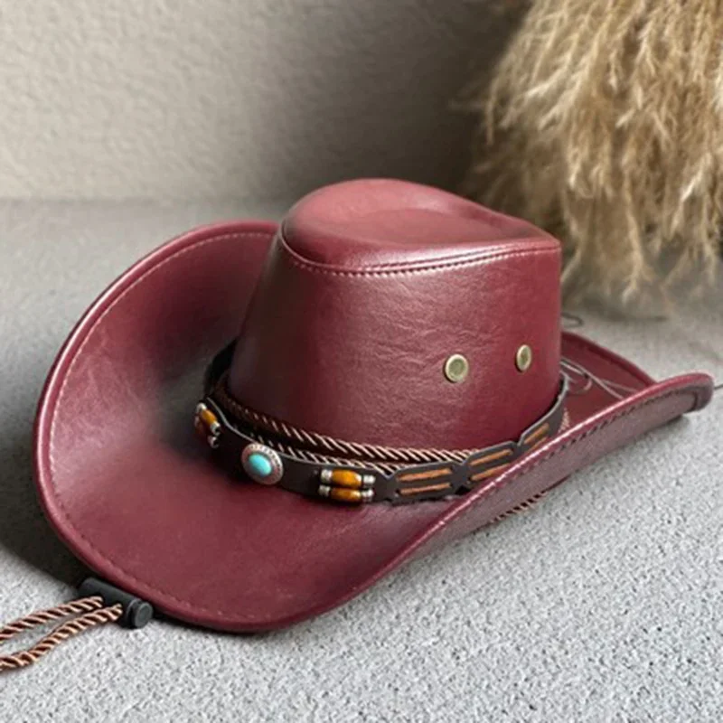 Faux Leather Western Cowboy Hats For Women Men Vintage Gentleman Dress Hats Panama Cowgirl Jazz Cap Sombrero Hombre image 6
