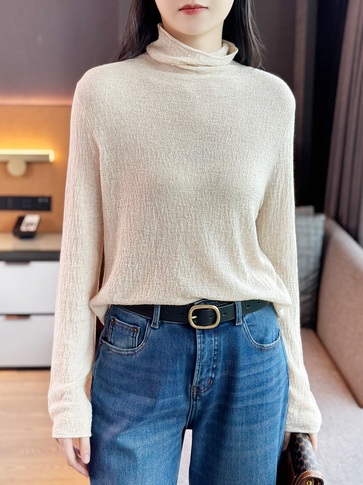 

Zuozhujia Women's High Ne Knitted Woolen Base irt Elastic Slim Fit Soft Polyester Blend Long Sve Casual Sle