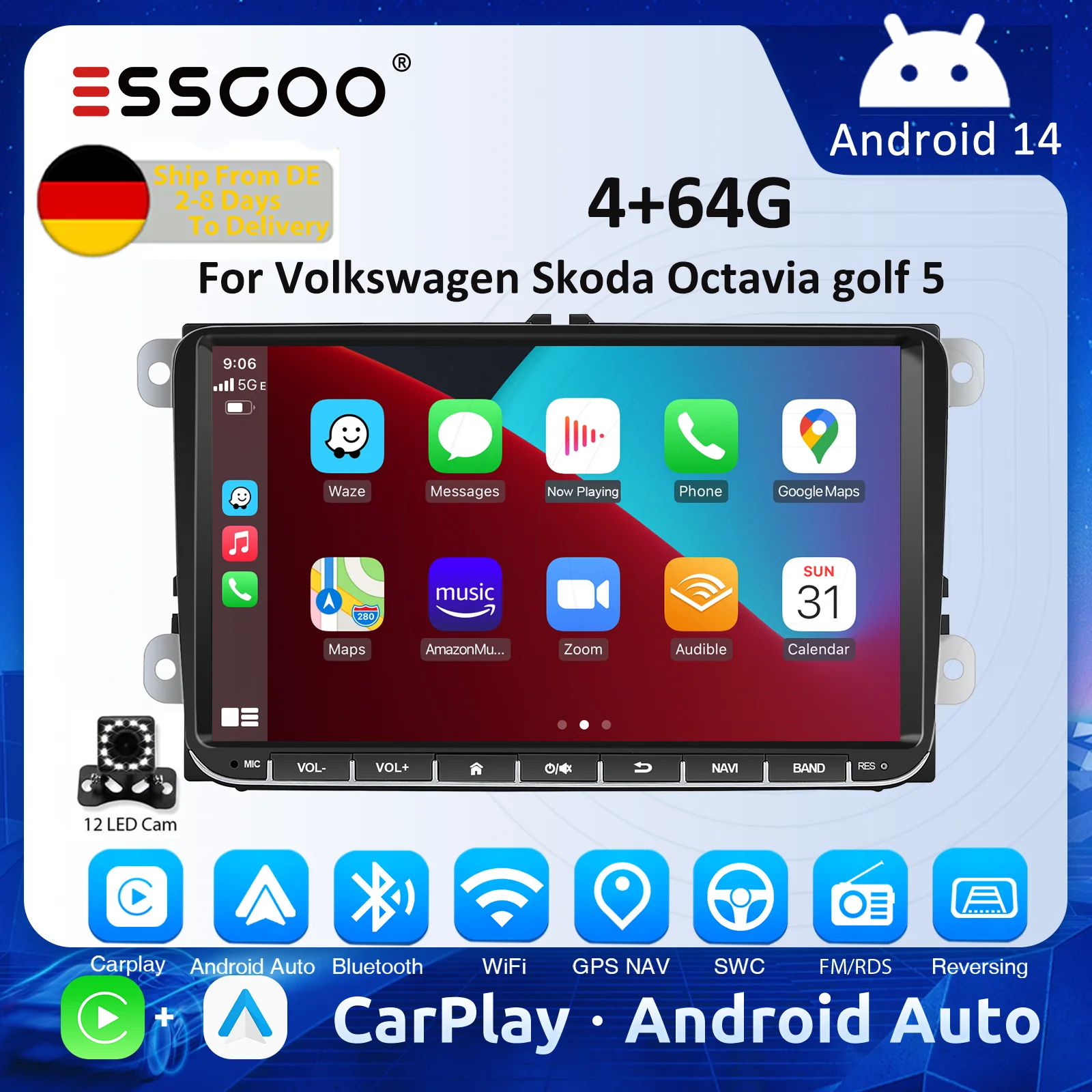 ESSGOO Android 14 Car Radio For Volkswagen Passat b6 b7 golf 5 6 Polo Jetta Skoda Car Multimedia Player GPS WiFi RDS Carplay