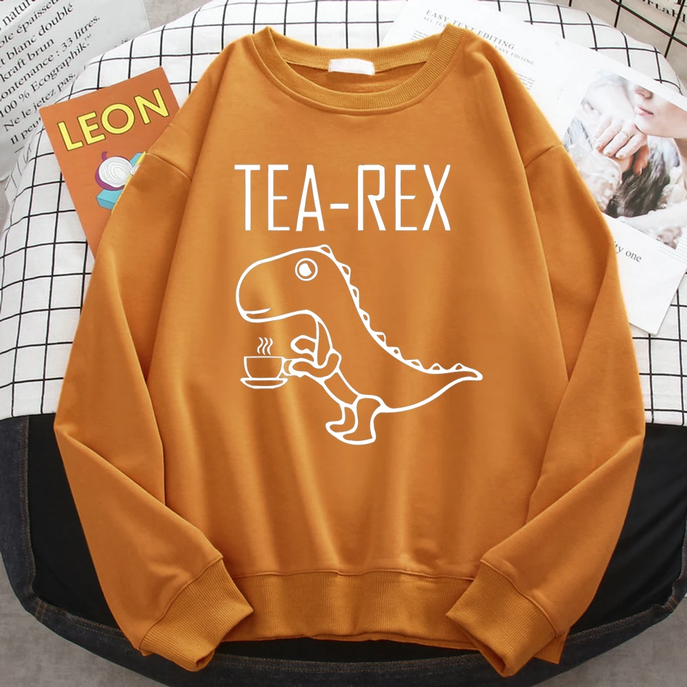 Street Trend Women\'S Sweatshirt Tea Rex Funny Dinosaur Drink Coffee Print Hoodies Loose Warm Pullovers Crewneck Fleece Clothes