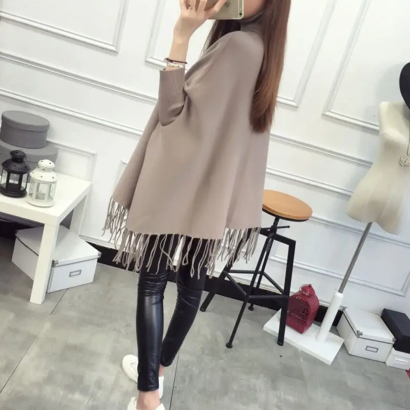 Korean Loose Fit Autumn and Winter New French College Cape Women Mid-length Poncho Warps Woolen Tassel Solid Female Coat T326