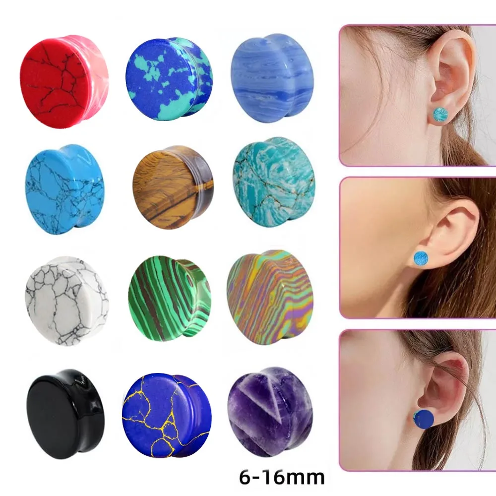 1 Paar Ohrstecker aus Naturstein, Pfau, lila Achat, strukturierter Stein, Tunnel-Plug, Dilatator, Piercing-Schmuck, 2g-5/8 Zoll – Detail 1