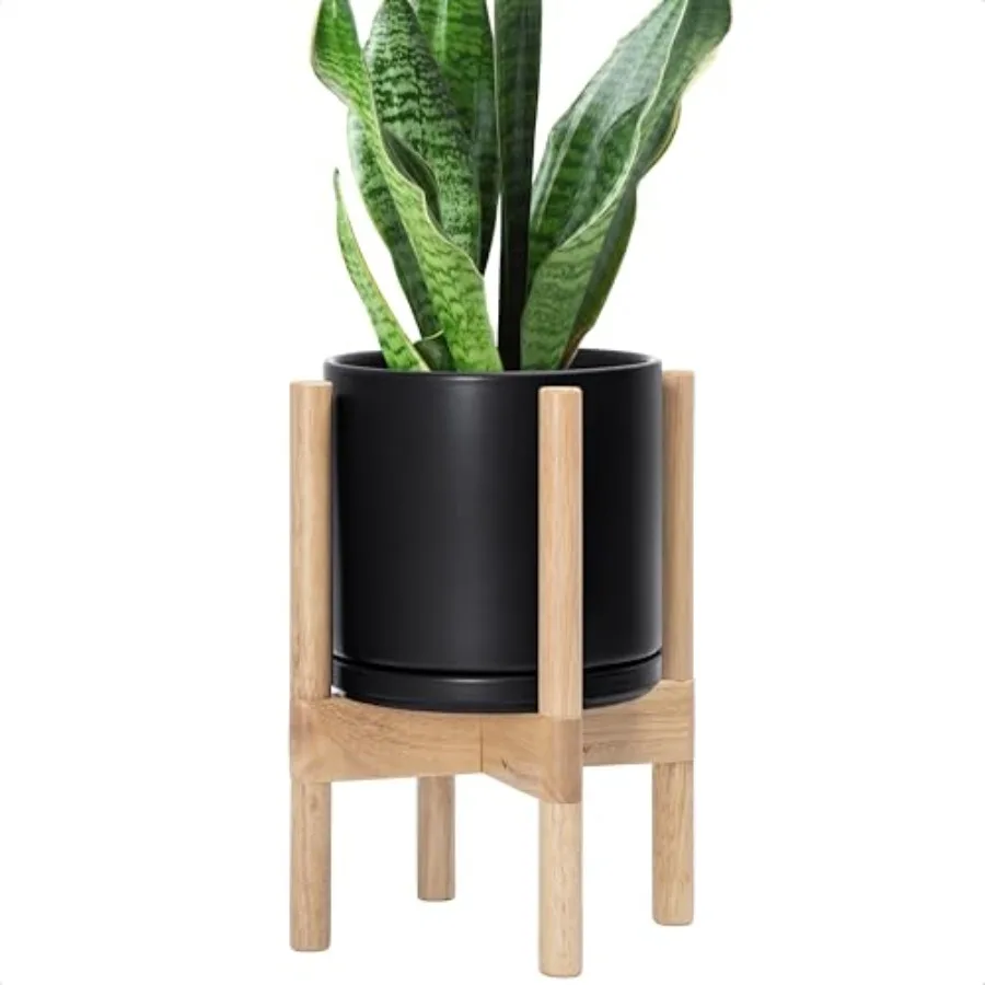

Керамическое кашпо с деревянной подставкой Naal d - 8h, современный цветочный горшок, черный, 55-B-N-2