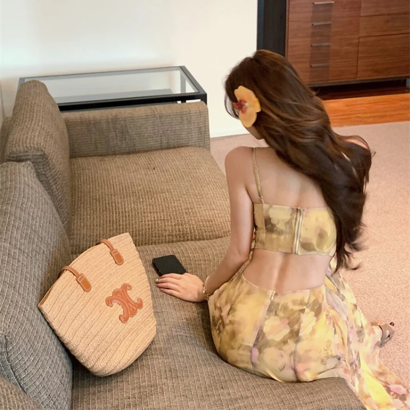 ลูกไม้เย็บปะติดปะต่อชีฟองพิมพ์สายรัดชุดผู้หญิงวันหยุดยาวเบาะตัดออกกลับ A-Line ชุดบริสุทธิ์จีบหน้าอกชุดหวาน