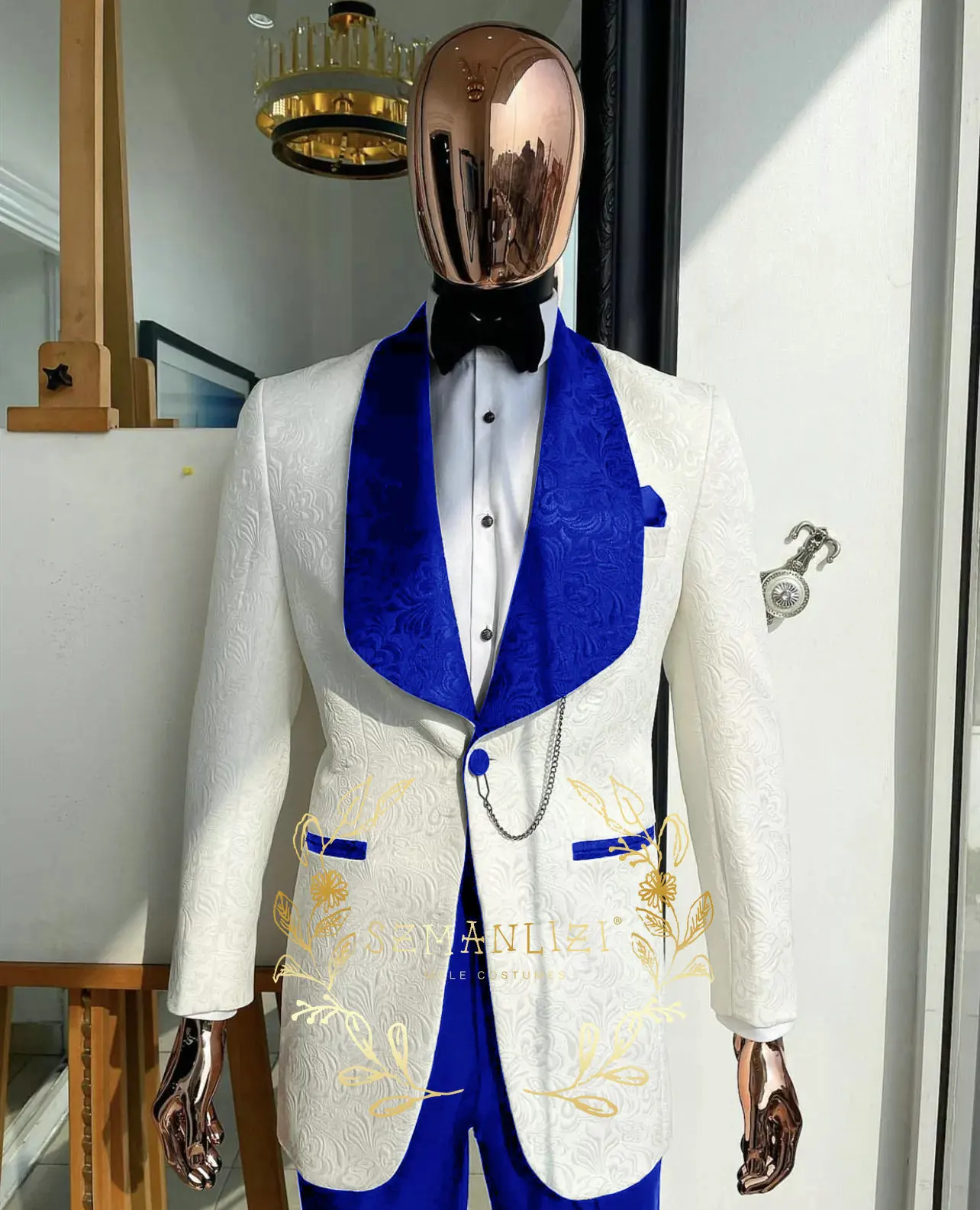 Męski garnitur ślubny slim fit z białą kurtką w kwiaty, smoking, granatowy garnitur na przyjęcie weselne z paisley'owym kołnierzem, strój dla pana młodego, garnitur dla drużby, marynarka Homme.