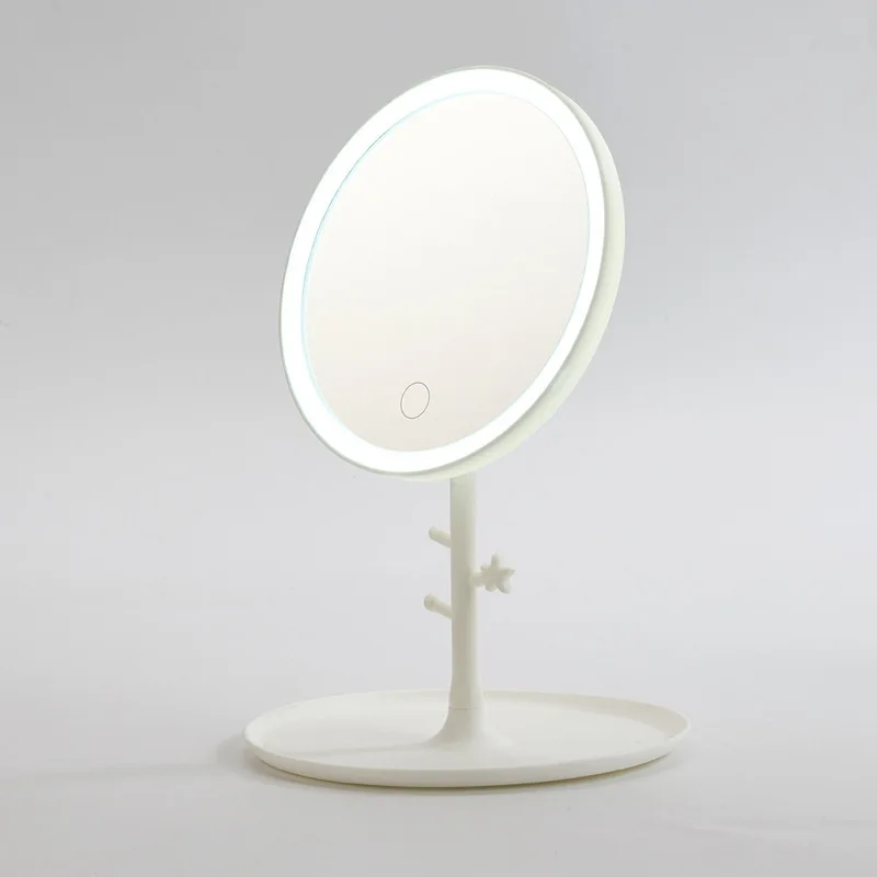 LED Makeup Round Shape Mirror with Light Ladies Makeup Lamp with Storage Desktop Rotating Mirror Cosmetic Mirrors Christmas Gift