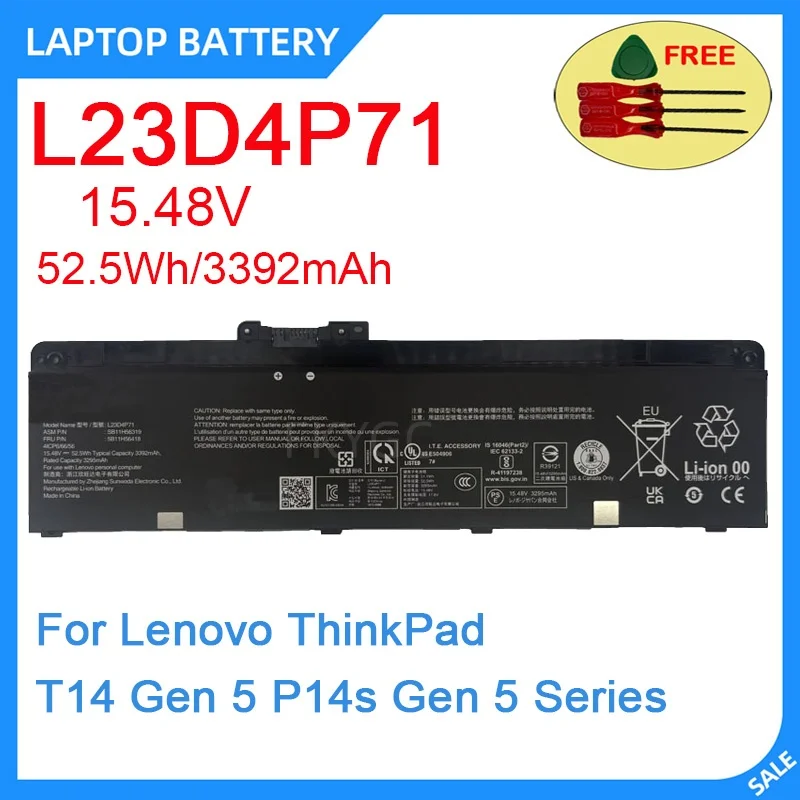 

Новый аккумулятор для ноутбука L23D4P71 15.48V 52.5WH 3392mAh высокого качества для Lenovo ThinkPad T14 Gen 5 P14s Gen 5 Series