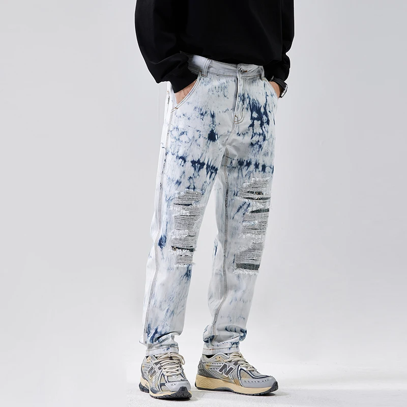 

Fashion Long Pants Men's Design Sense Niche Hole & Patch Loose Personality Party Street Washed High Street Jeans