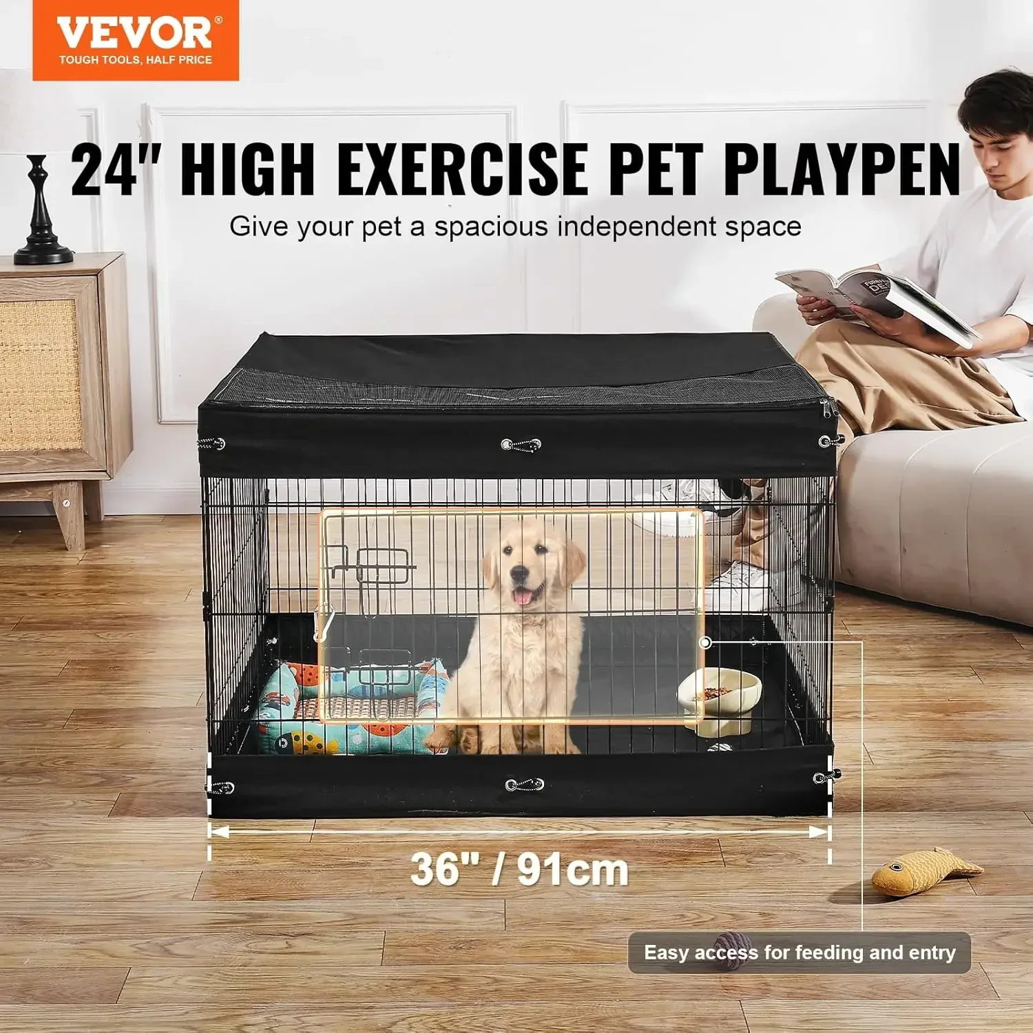 4 Pcs 24 x 36 in Panels Foldable Metal Pet Exercise Pen, Dog Fence Indoor and Outdoor Pen with Door, Top Cover, and Bottom Pad