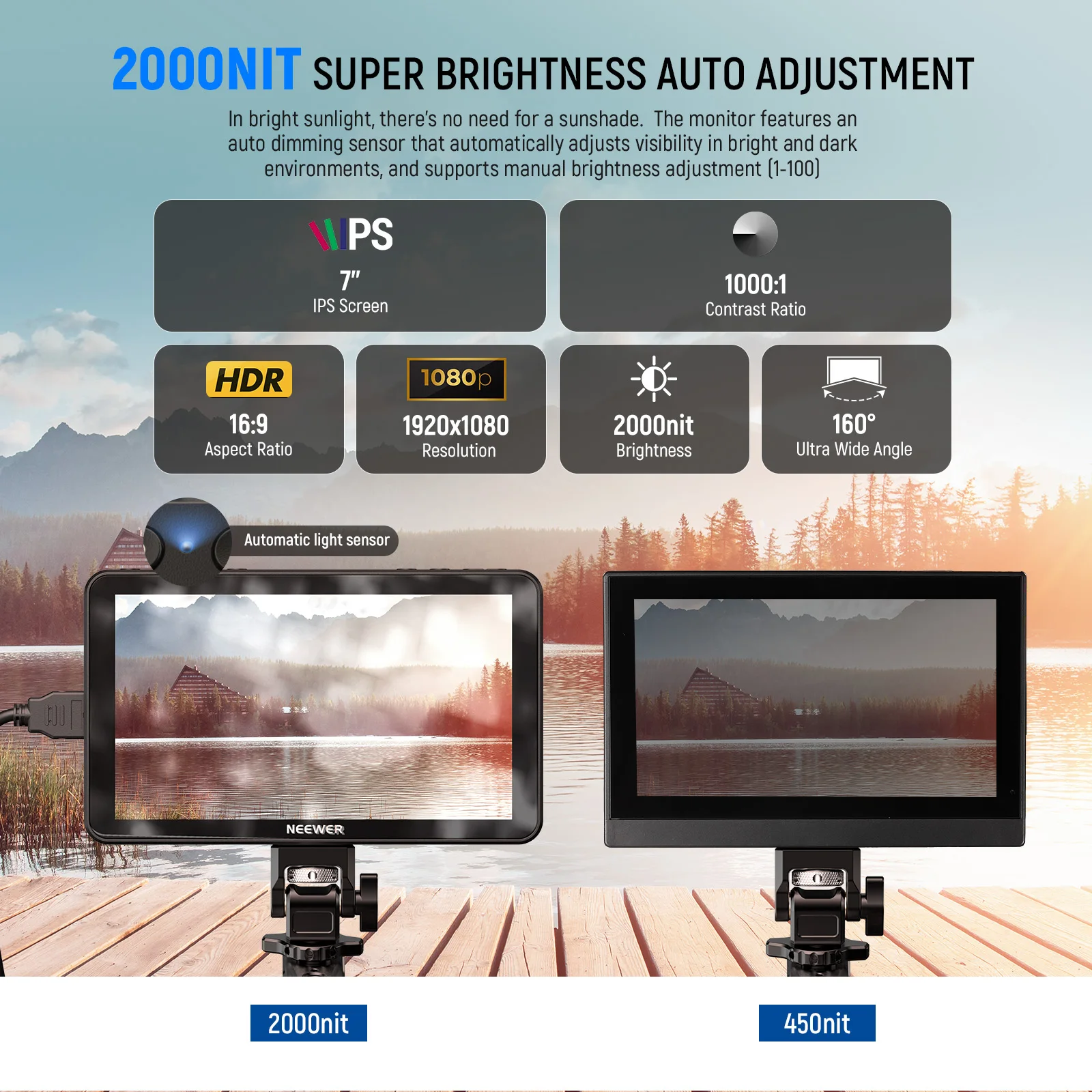 شاشة كاميرا NEEWER F700 مقاس 7 بوصات، شاشة لمس 2000nit HD 1920x1080 IPS مع LUT ثلاثي الأبعاد، حلقة 4K داخلية/خارجية مع التركيز الذروة