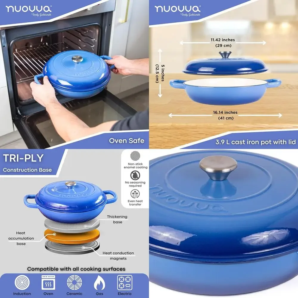 

Enameled Non-Stick Cast Iron Shallow Dutch Oven, 3.7 Qt, 30cm, Oven-Safe to 500°F, Dark Blue