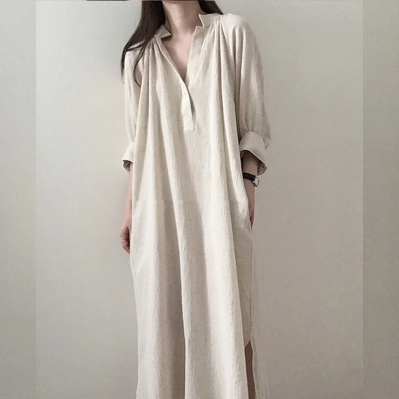 Abito maxi di marca per donna Abito primaverile Sunmer Tinta unita Scollo a V Maniche a tre quarti Abito camicia allentata casual XQ90