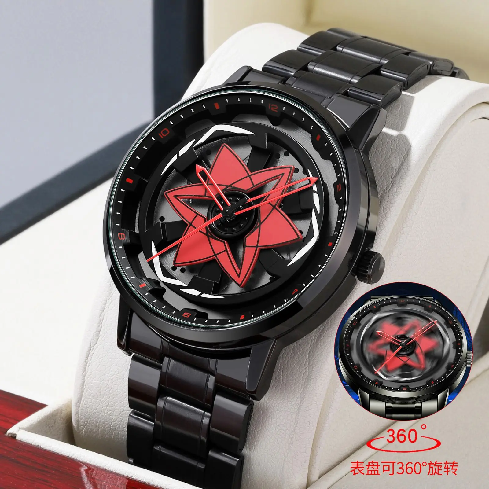 Sports Style Black Stainless Steel Quartz Movement Watch New Car Series Rotating Clock for Men Couple Gift Creative Wristwatches