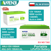 LiFePO4 Battery Pack 100AH 12V/24V BMS Recharge able Lithium Bateria Pack for Camping Car Solar