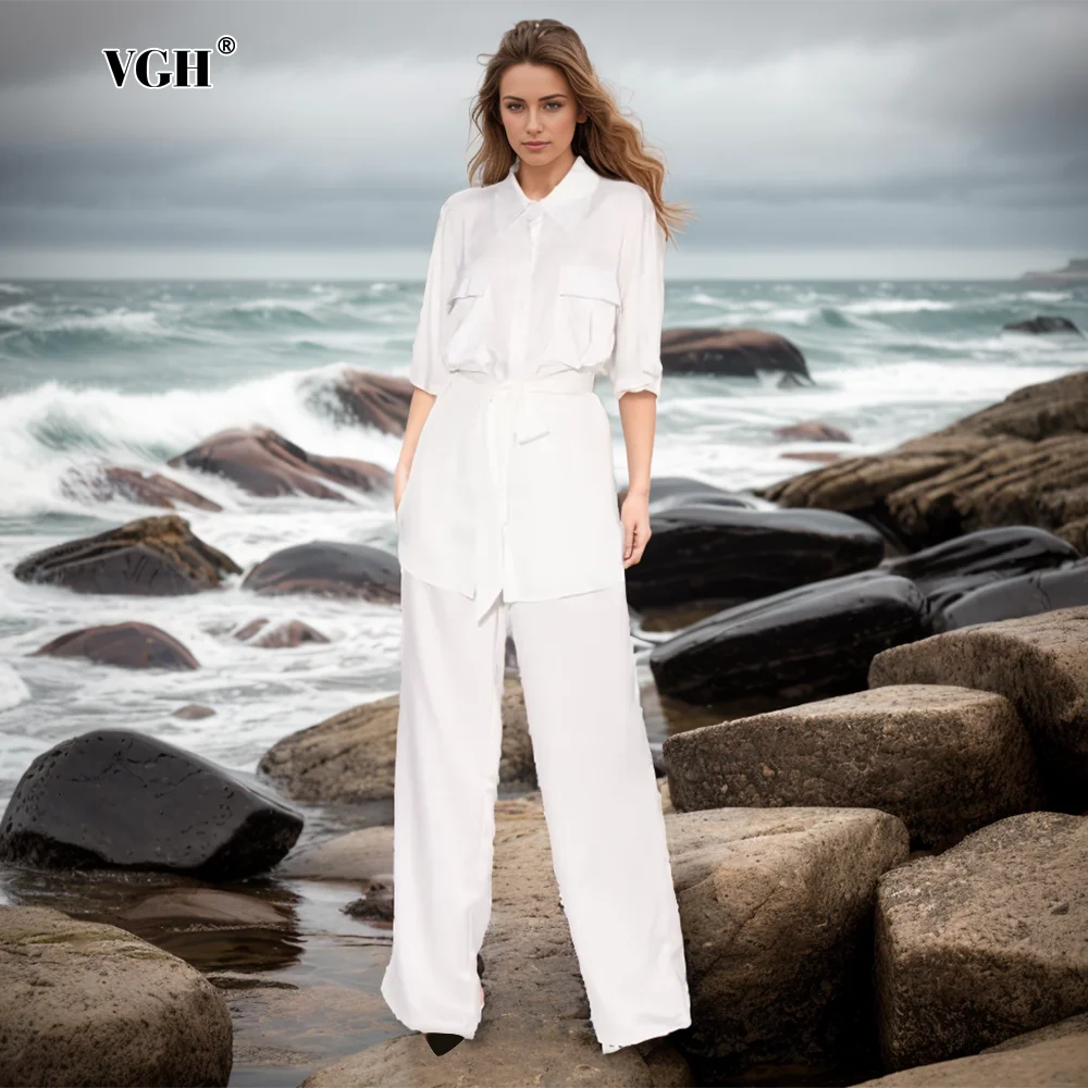 

VGH Solid Two Piece Set For Women Lapel Short Sleeve Spliced Lace Up Shirt High Waist Loose Long Pant Casual Sets Female Style