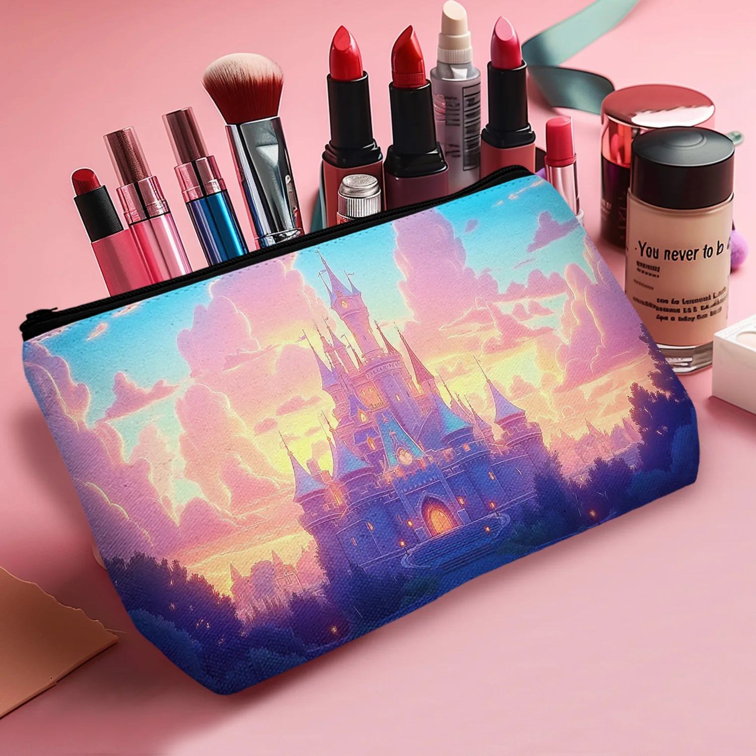 1Pc Dream Castle Fashionable And Pretty Cosmetic Bag Durable Zipper Portable Women'S Cosmetic Bag Suitable For Daily And Travel