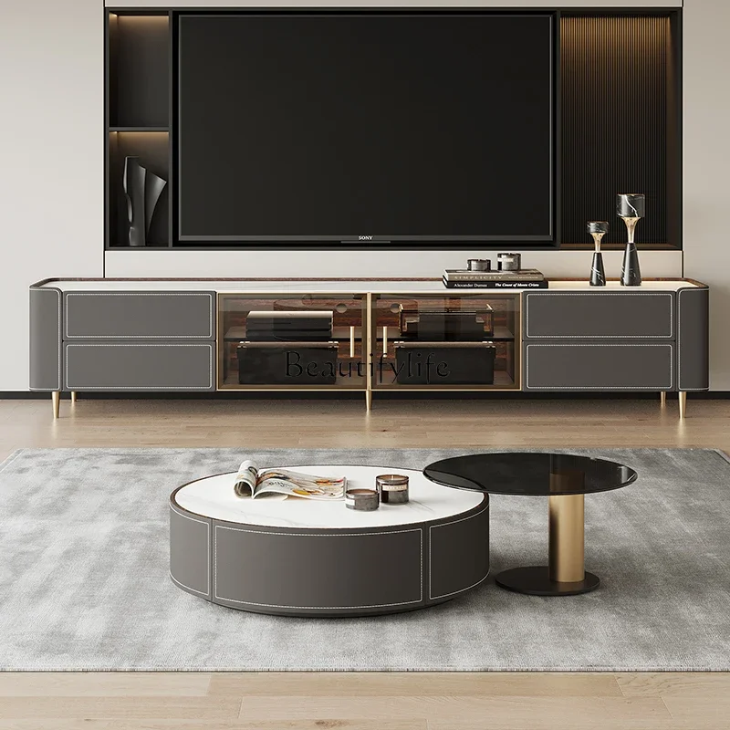 

02 Italian light luxury gray saddle leather TV cabinet living room home modern simple high storage floor cabinet