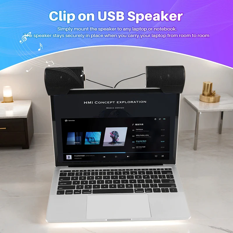 Clip On USB Speaker For Notebook Laptop PC Desktop Tablet Wired Stereo Speaker Line Controller Soundbar