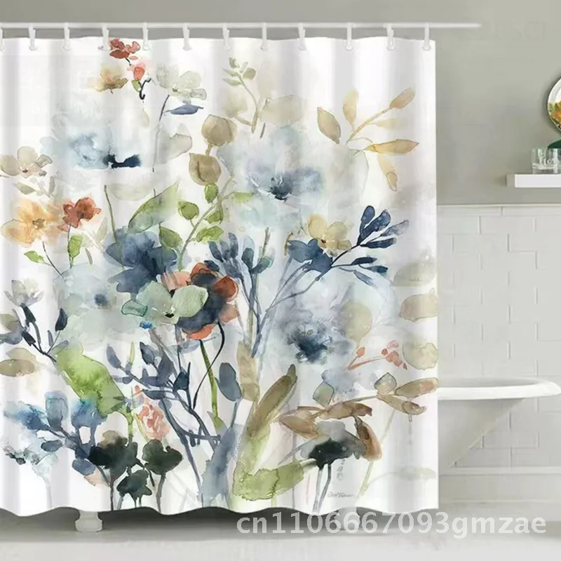 

Акварельная занавеска для душа с цифровым принтом, полиэстер, защита от плесени, чистая медь, петля, свет, роскошный дизайн с цветами и растениями