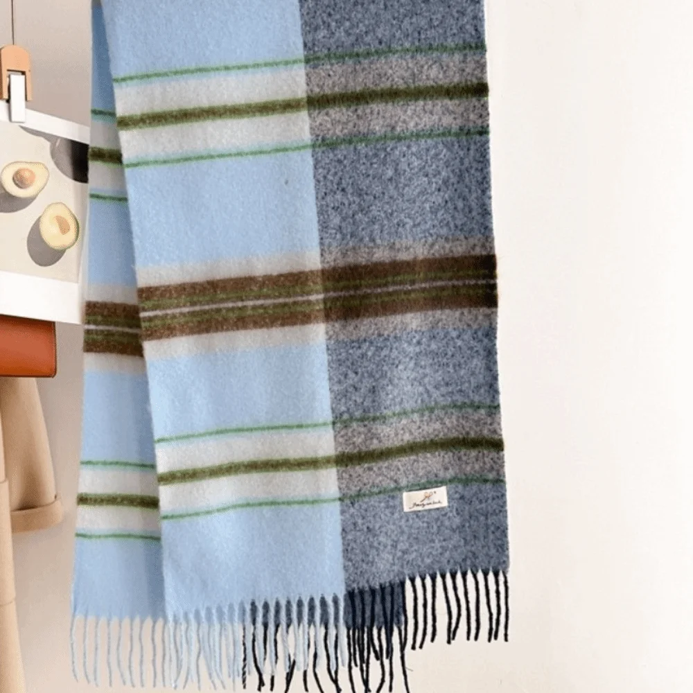 Cozy Soft Faux Cashmere Scarf Classic Tassels Color-Block Warm Stripe Shawl Plaid Design Thickened Blanket Scarf Ladies