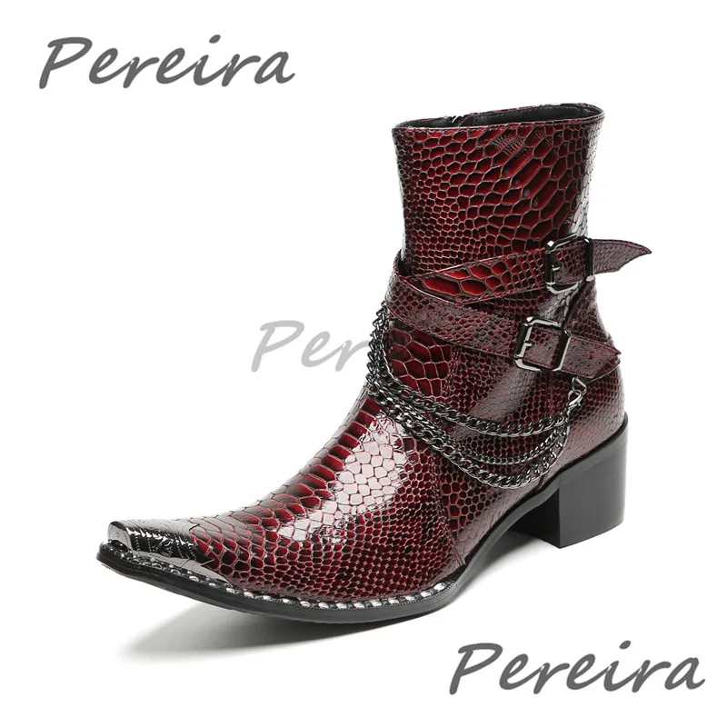 Men Buckle Strap Chain Motorcycle Boots Metal Pointy Toe Side Zipper High Heel Chelsea Boots Fashion Nightclub Party Male Shoes