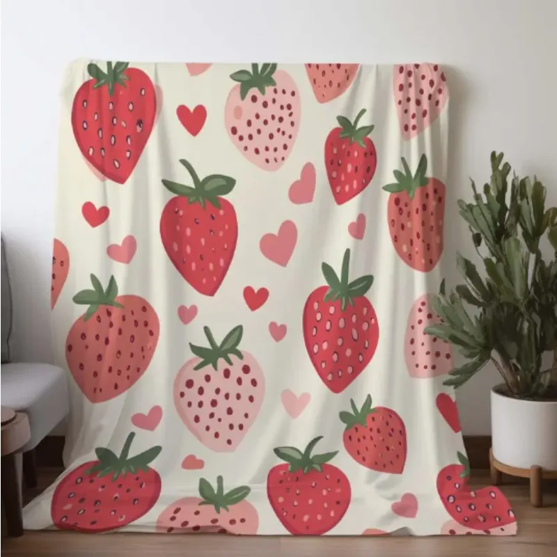Selimut vintage dengan motif stroberi dan hati, selimut untuk sofa, tempat tidur, berkemah di mobil, kantor, dekorasi rumah