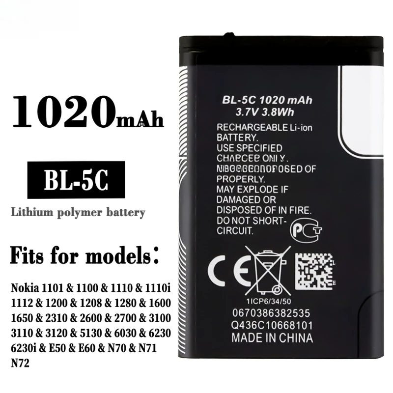 10Pcs 3.7V 1020mAh Battery BL-5C BL5C BL 5C Rechargeable Batteries for Nokia 2112 2118 2255 2270 2280 2300 2600 2610 3125 3230