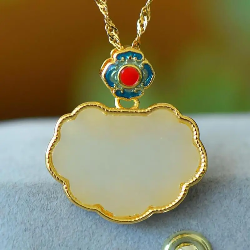 

Natural White Jade Charm Necklace Women Healing Gemstone Fine Jewelry Chinese Nephrite Hetian Jade Enamel Lock Pendant Necklace