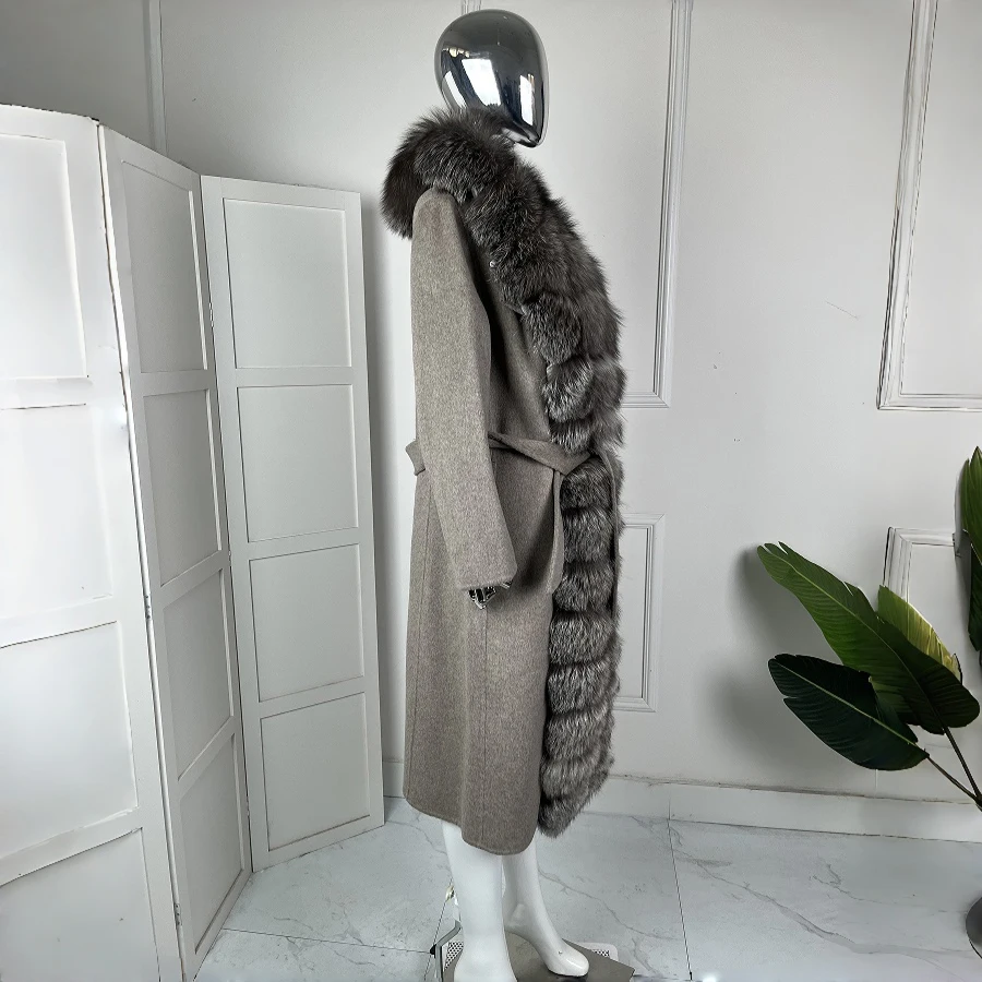 Wool Coats For Women Long Woolen Jackets With Real Sliver Fox Fur Trim Winter Warm Luxury Cashmere Coat Woman