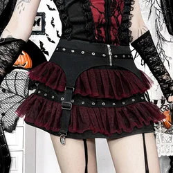 Y2K Gothic Red Lace Mesh Patchwork Mini Skirt Sexy Vintage Zipper Ballet Lolita Short Skirts Women Girls New Fashion Skirt