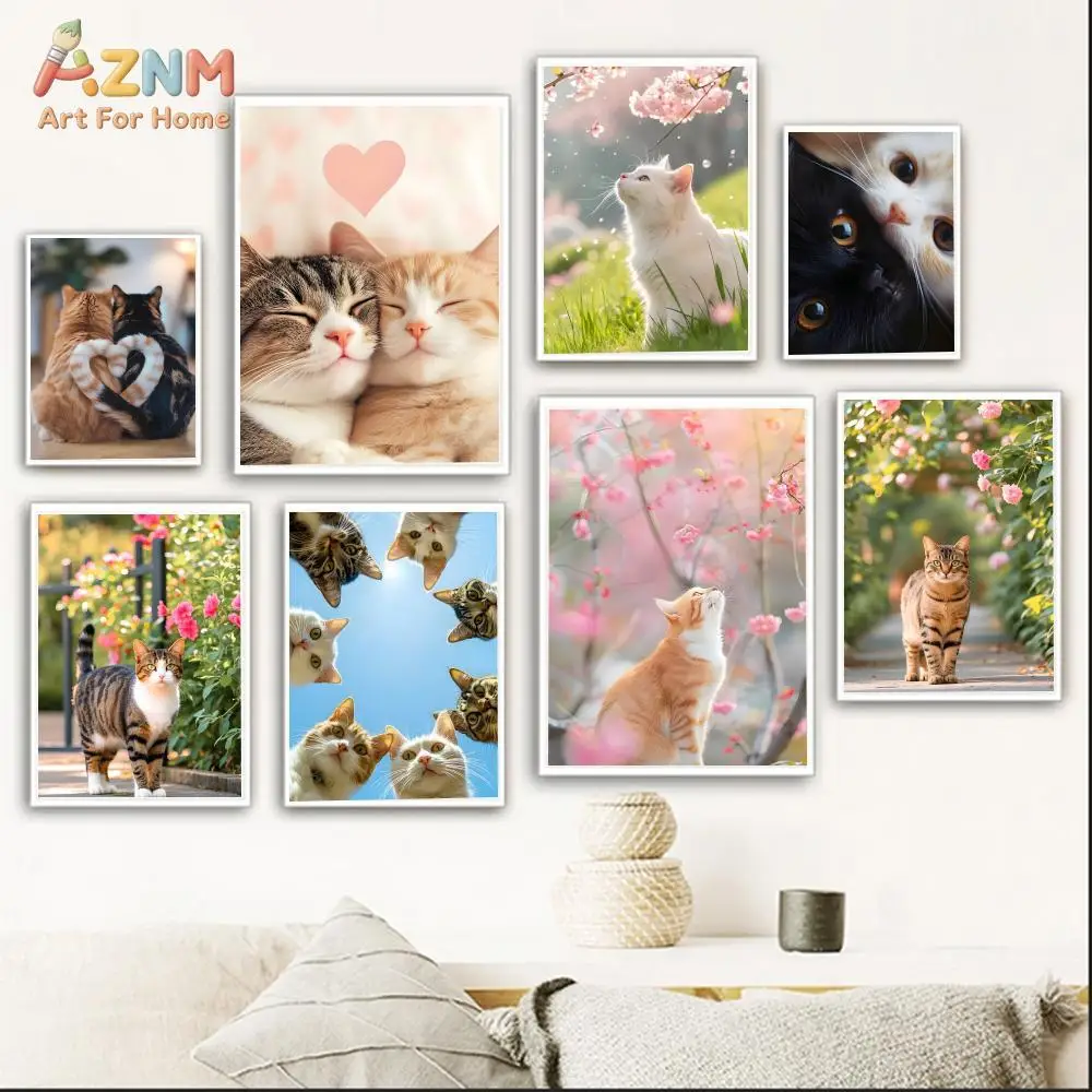 AZNM - Lámina de lienzo con diseño de gato, gatito, flor de cerezo, jardín floral, animal cálido y encantador, póster de pared para sala de estar, sin marco