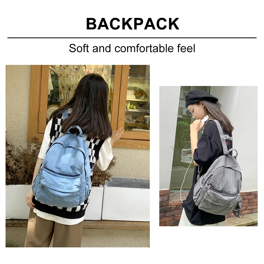 Denim Fashion Schoolbags Solid Students Travel Daypack Large Capacity Zipper Vintage Backpack for Outing Hiking Shopping