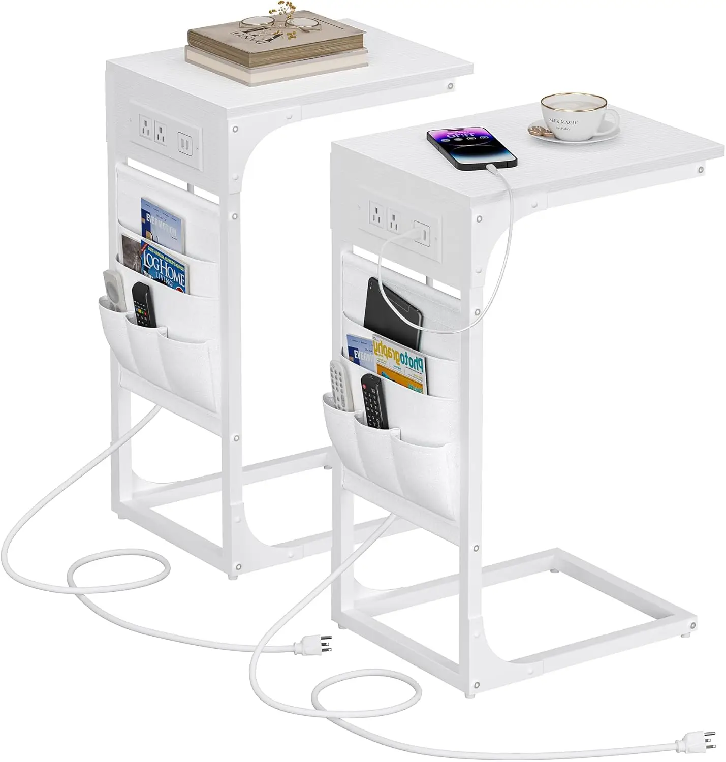 

C Shaped End Table with Charging Station, Side Table for Sofa, Couch Table with Storage Bag, Set of 2, TV Tray Table with 2 U