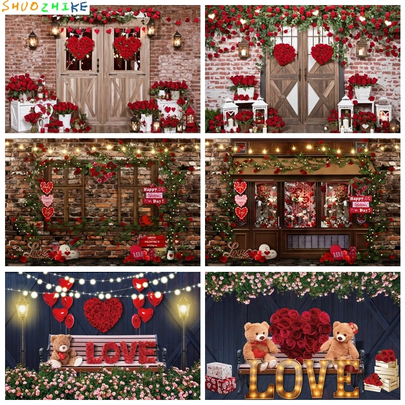 

Happy Valentine's Day Backdrops for Photography Red Rose Shop Love Heart Toy Bear Brick Wall Wedding Bridal Shower Background