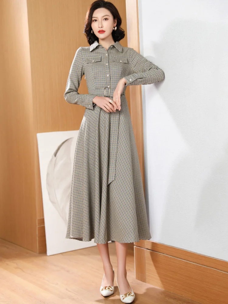 Nieuw Dames Geruite Shirt Jurk Lente Herfst Klassiek Omgeslagen kraag Houndstooth Riem Slank Lange jurk Casual Lange Mouw Jurk