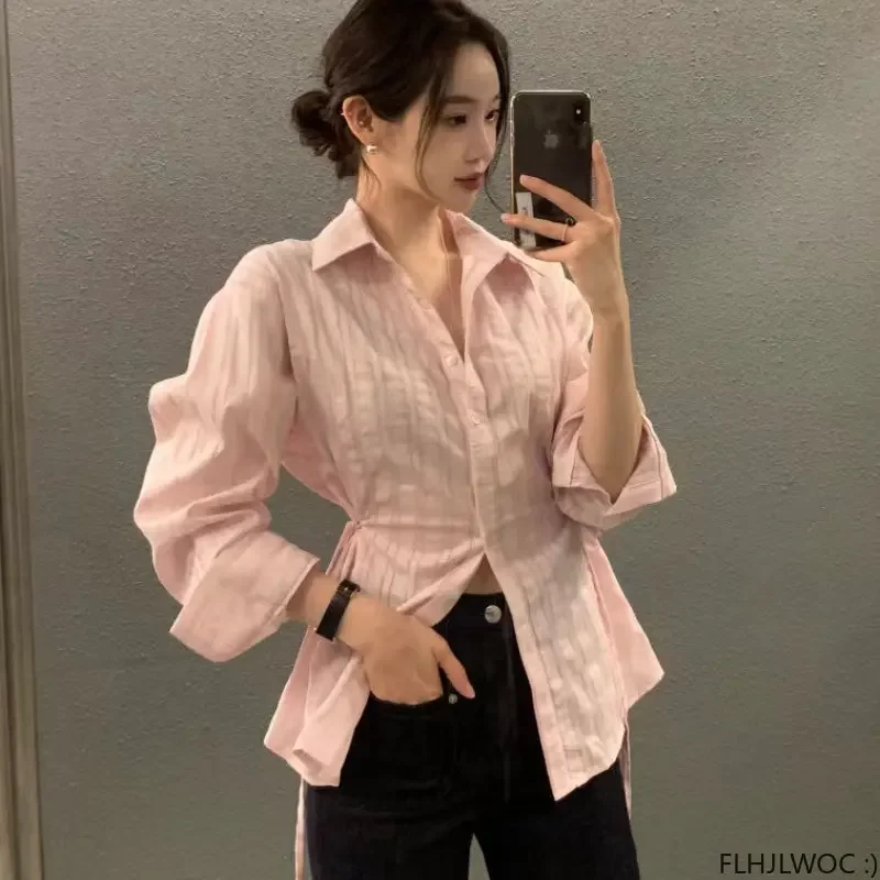 Chic Korea Tops Blusas Vrouwen 2023 Herfst Lange Mouw Nieuw Ontwerp Single-Breasted Effen Kleur Wit Roze Basic Shirts blouses