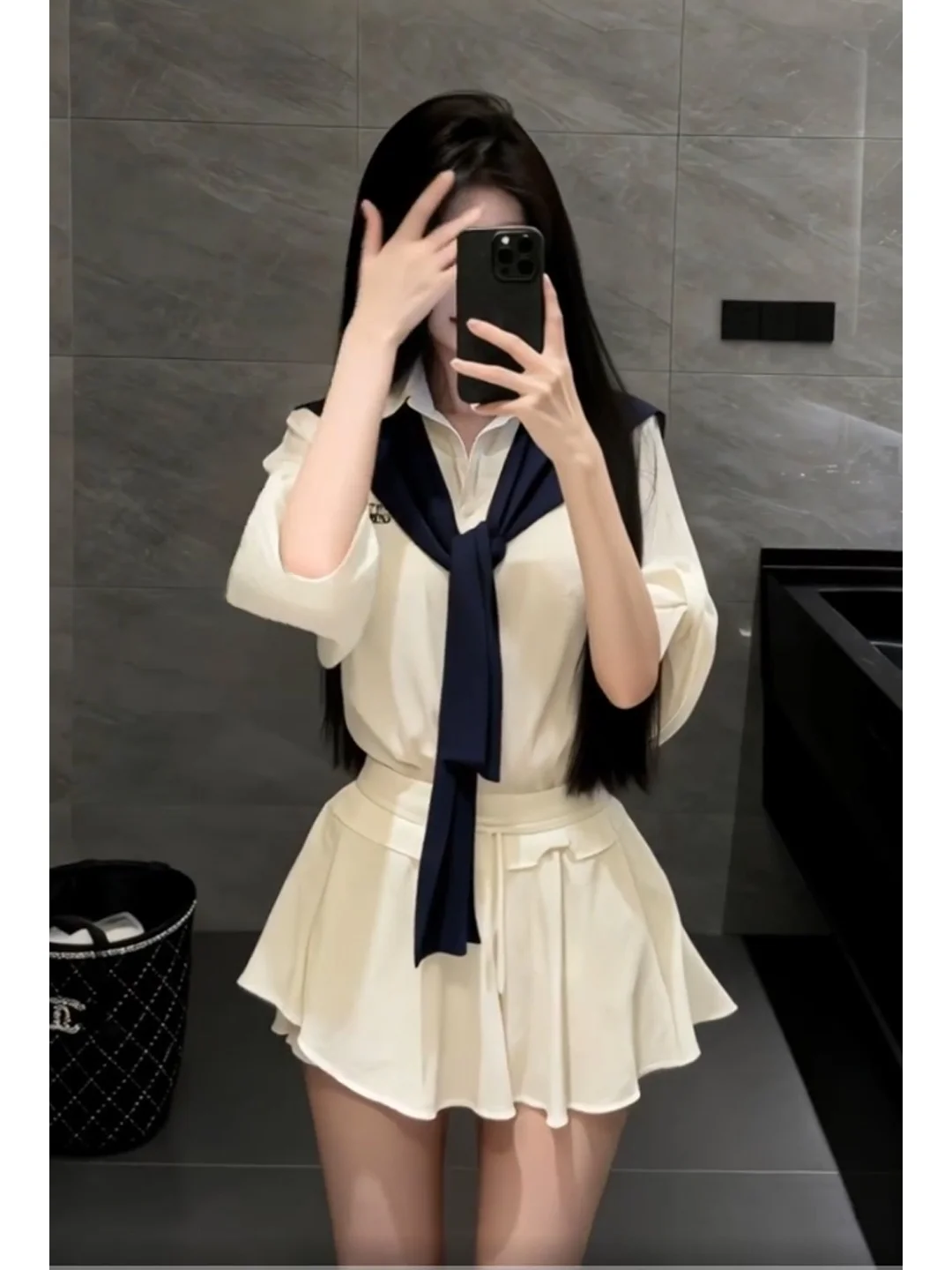 

Korean College Style Women's White Striped Short Sleeve Shirt Top Summer New Fashion Elegant Half Skirt Two-Piece Set
