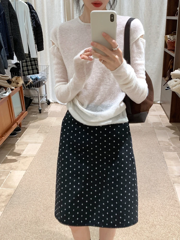 

BRIVIN Korean Sle Long Sve oulder Bared Knitted Top Women's Slim Fit Base irt round Ne Pure Color Autumn Winter Ne...