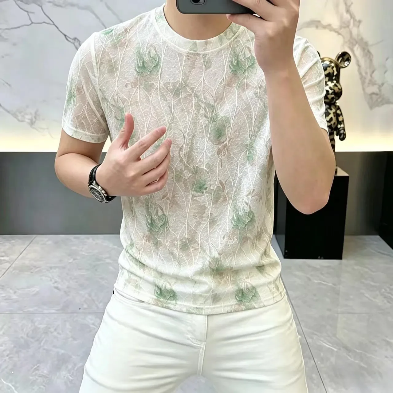 Men's Floral Print Lightweight Short Sleeve T-Shirt Round Neck Casual Summer Top Breathable Thin