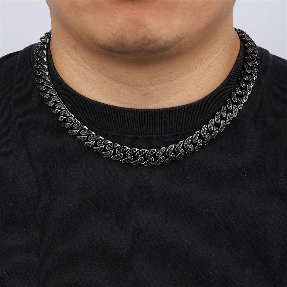 Hip Hop 1Set 13MM Full Iced Out Paved Black Rhinestones Miami Curb Cuban Chain CZ Bling Necklaces For Men Women Jewelry