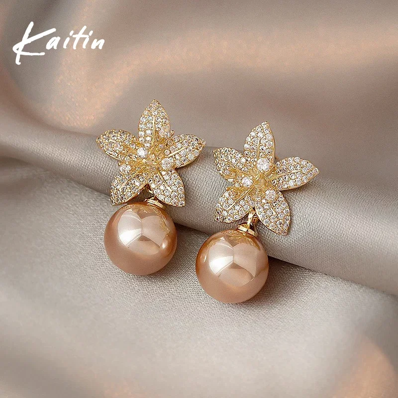 Rose Gold Pearl Flower Dangle Earrings for Women Silver Needle Full Rhinestone Korean Fashion Jewelry 2024 Accessories