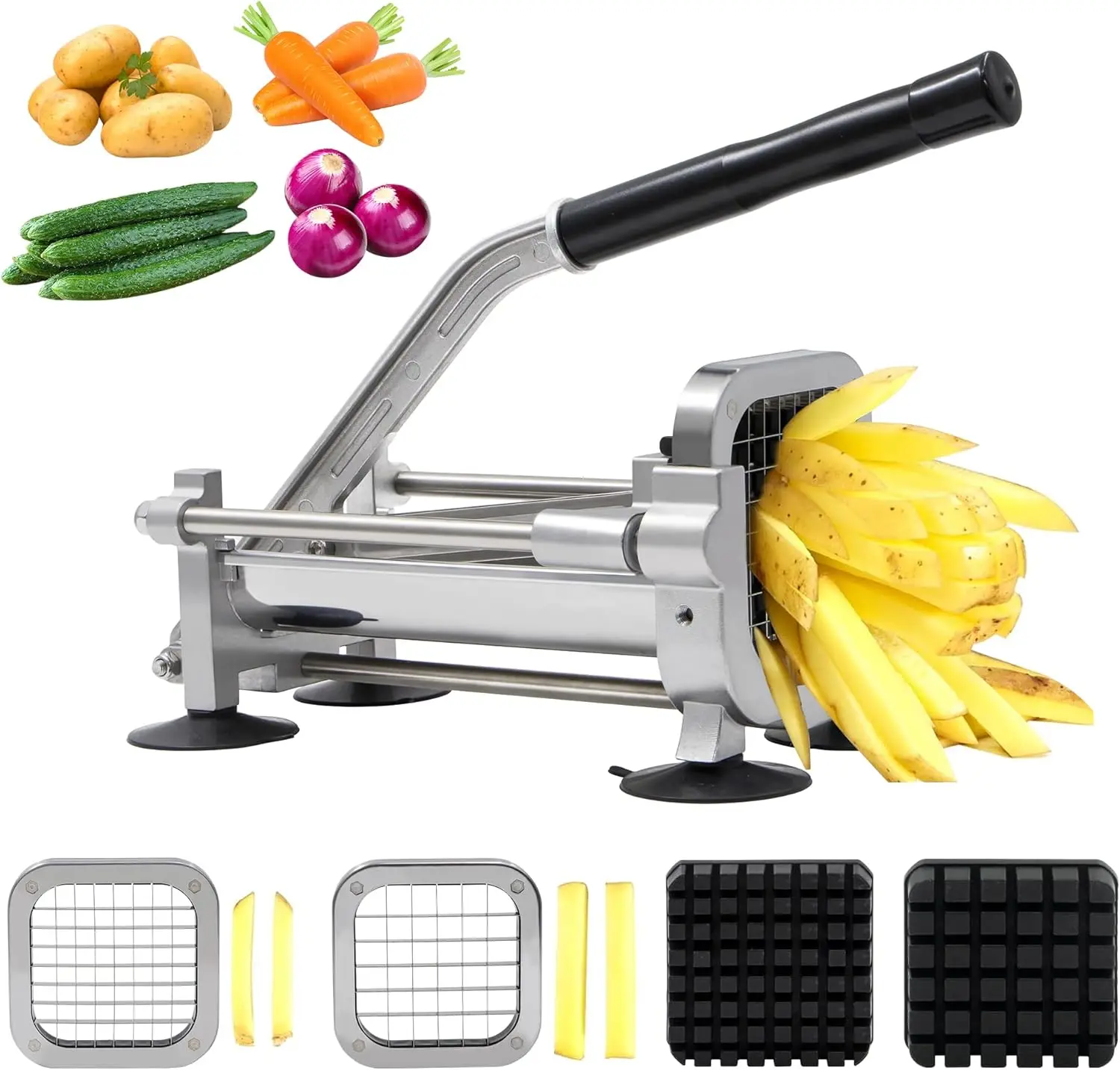 

Stainless Steel French Fry Cutter with Two Blades, Versatile for Potatoes Carrots Cucumbers, Commercial Grade