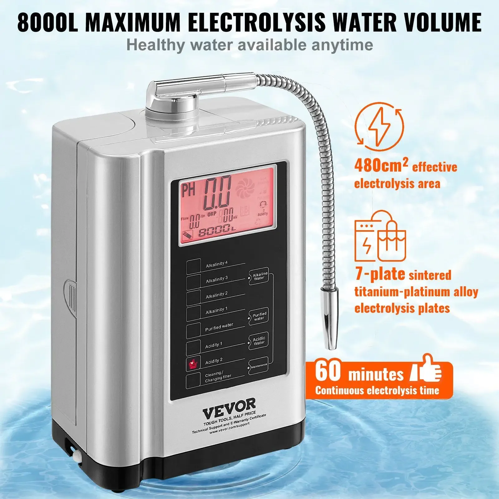 Gold Seller White Home Filtration System Alkaline Water Ionizer Machine pH 3.5-10.5  Water Purifier 7 Settings -650mV