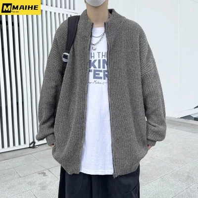 Sweaters For Men New Harajuku Retro Solid Color Lazy Sweater Casual Stand Up Collar Zipper Men\'s Clothing Winter 2024